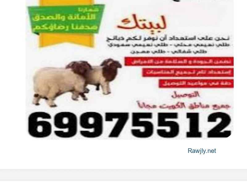 توصيل ذبايح بالكويت  فى جميع مناطق الكويت لخدمه الذبح المنزلى بأفضل الأسعار ذبح وفق الشريعة الاسلامية كما يوجد ذبح وتغليف فى المسلخ تحت اشراف الطبيب ذبايح عربى نعيمى وشفالى اردنى صومالى لكل المناسبات واللجان الخيرية ذبايح ذبايح للبيع بالكويت 